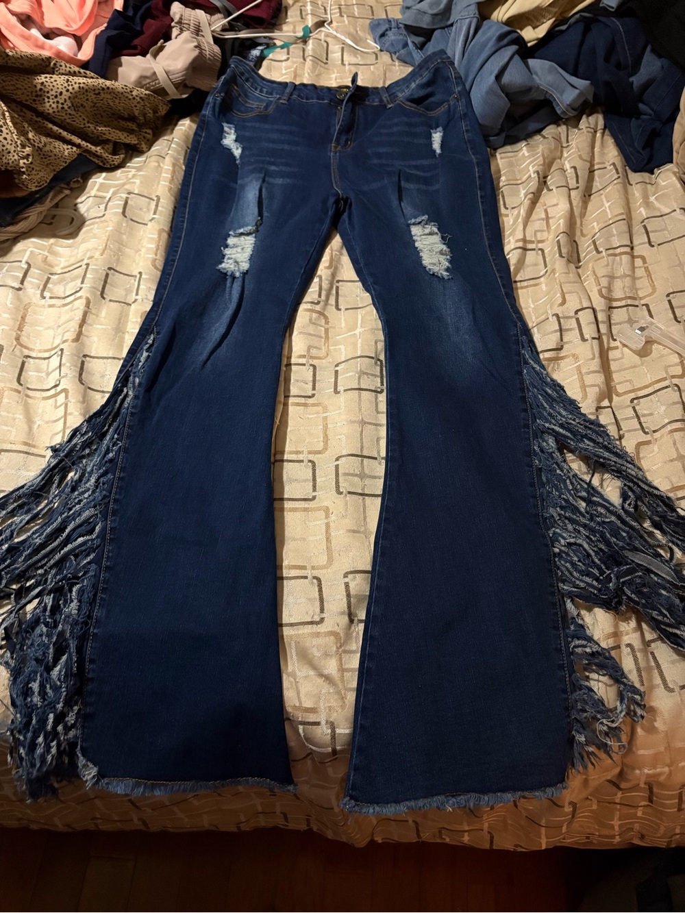 L&B Dark Blue Distressed Fringe Flare Jeans for Women